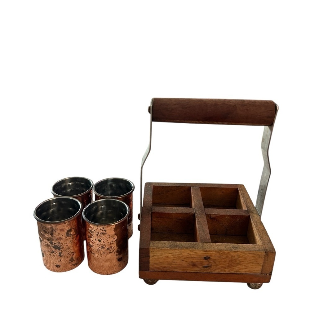 Hammered Copper Shot Glasses in Wooden Caddy - Picture 9 of 12